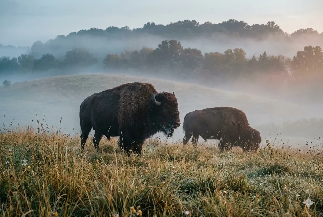 American bison standing in low ground-fog on rolling Tennessee pasture