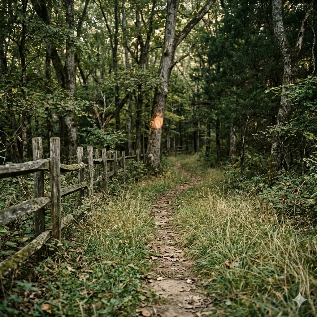A dirt trail winding into open hardwood forest