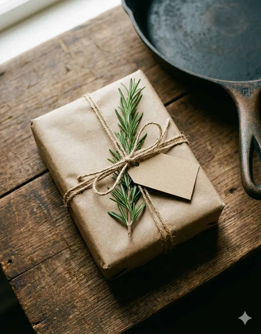Butcher-paper-wrapped package tied with natural twine, resting on a warm wood surface