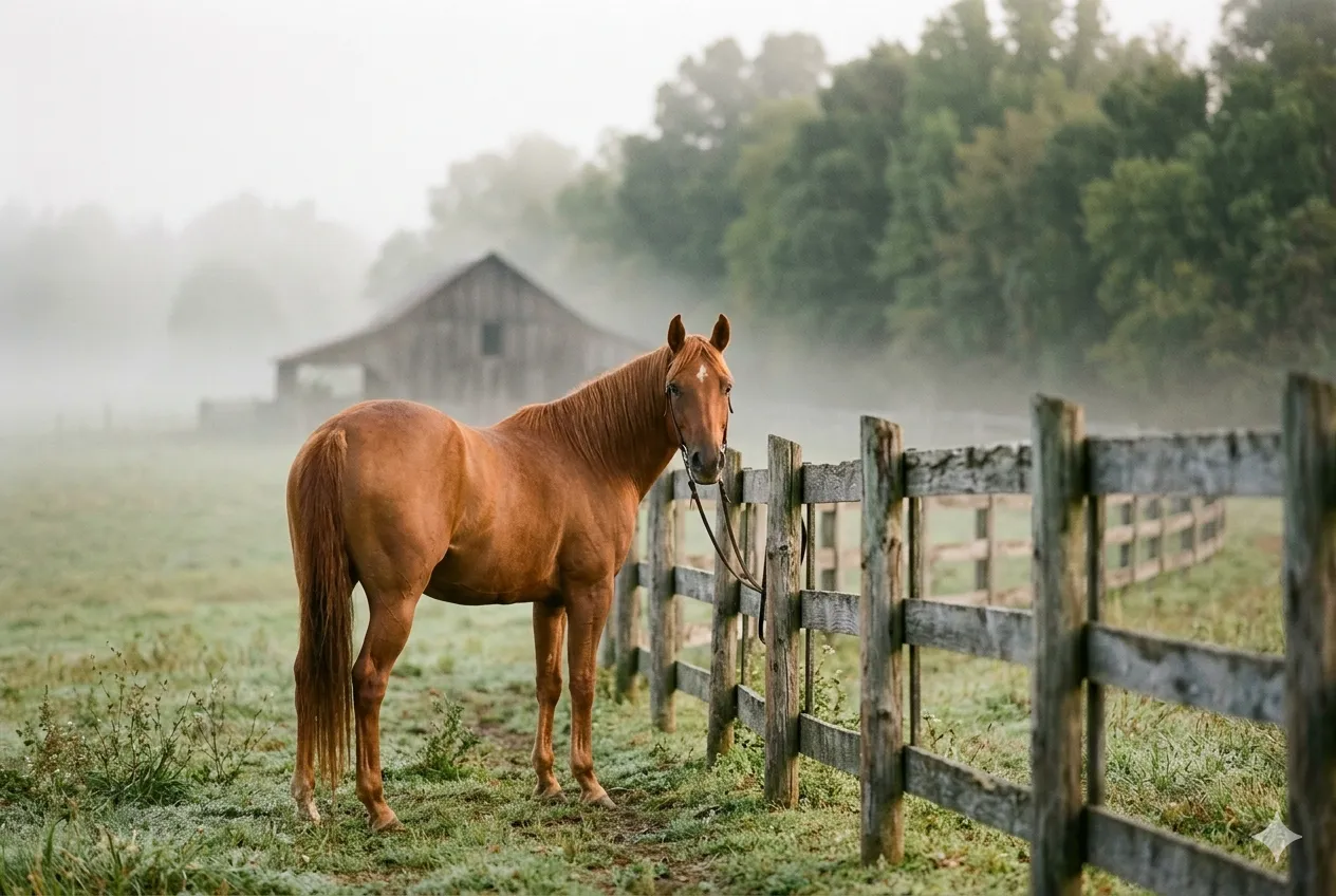A chestnut horse standing at a weathered split-rail fence