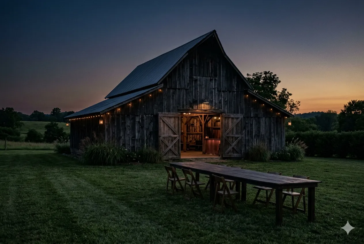 A weathered wood barn at dusk with warm string-light glow